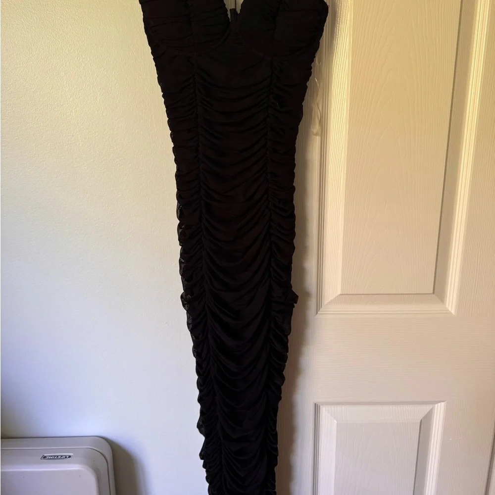 Fashion Nova Black Strapless Ruched Zip-Front Bodycon Dress - Picture 2 of 5